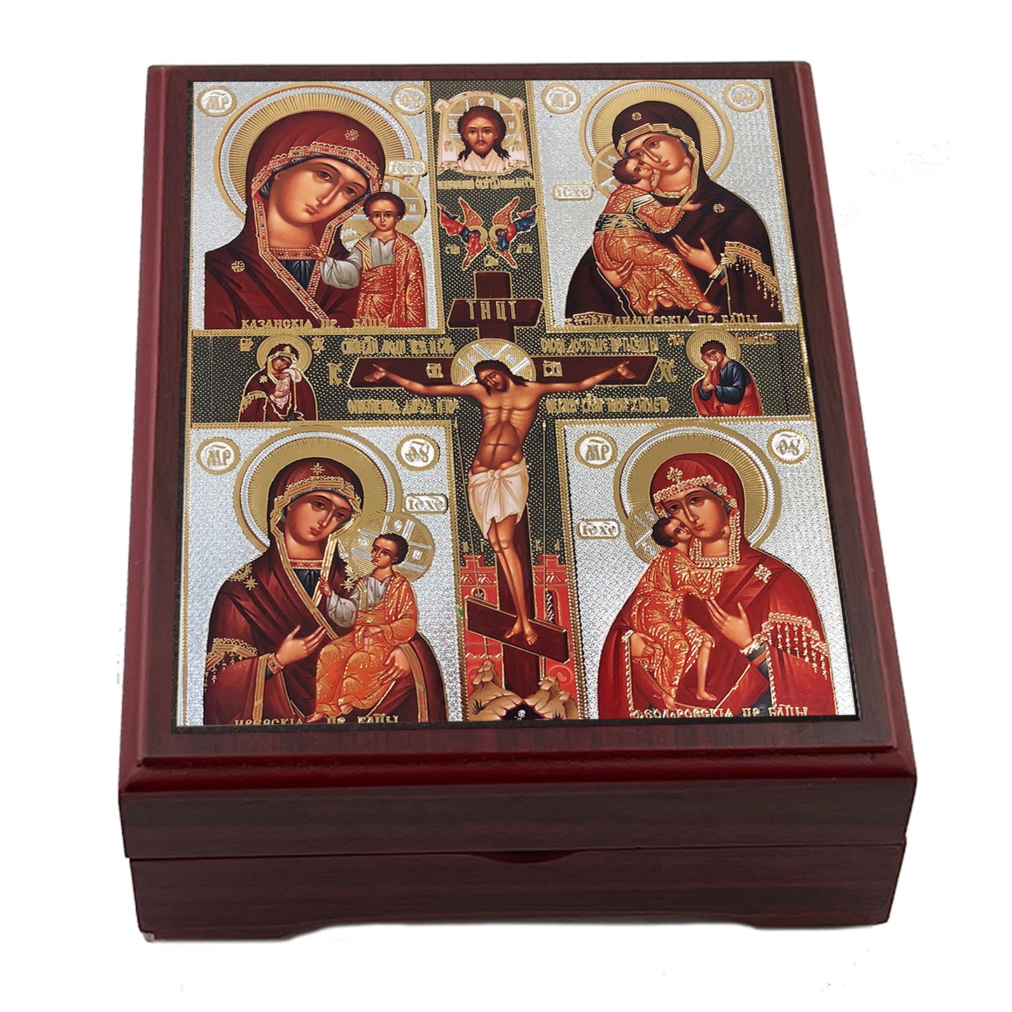 Crucifixion With Four Virgin Mary Wooden Icon Box - Keepsake Box For Prayer Ropes, Jewelry - Lined With Velvet