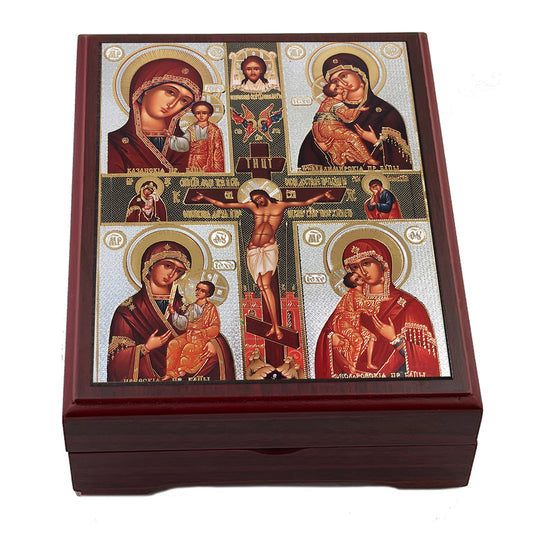 Crucifixion With Four Virgin Mary Wooden Icon Box - Keepsake Box For Prayer Ropes, Jewelry - Lined With Velvet