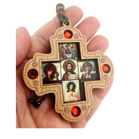 Wood Icon Cross for Car or Room on Rope - Icons - Holy Trinity Virgin of Kazan Christ St Nicholas and Guardian Angel 2 3/4"