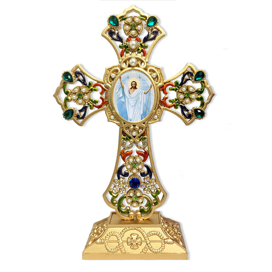 Filigree Standing Jeweled Icon Cross With Icon Resurrection of Christ Icon - Decorated with Faux Pearls 8 5/8 Inch