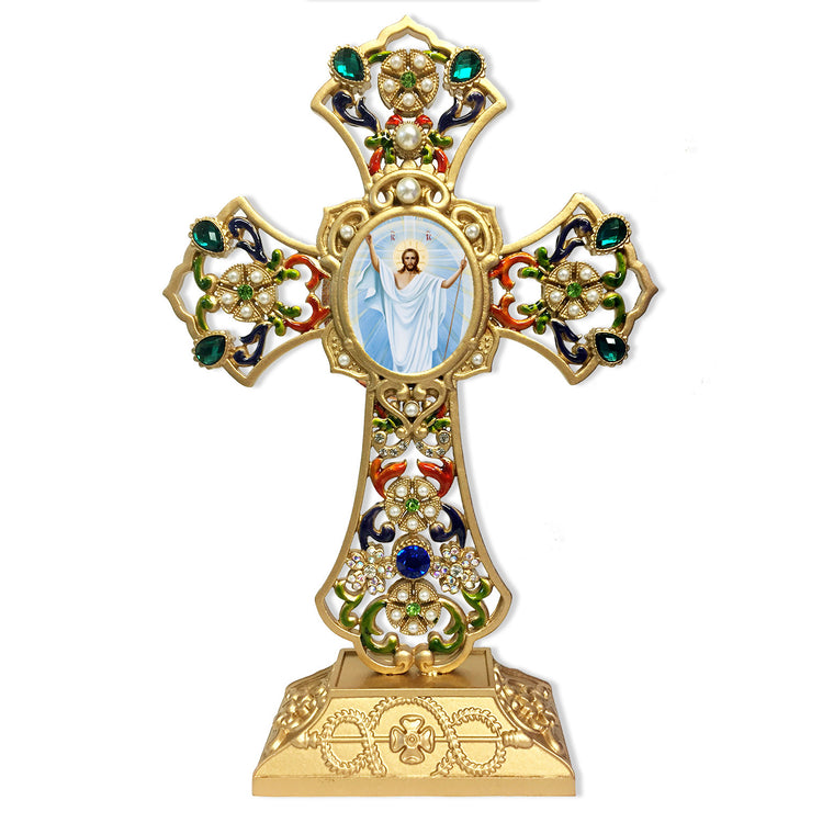 Filigree Standing Jeweled Icon Cross With Icon Resurrection of Christ Icon - Decorated with Faux Pearls 8 5/8 Inch