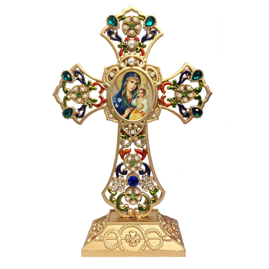 Standing Jeweled Cross With Icon Virgin Mary Eternal Bloom 8 5/8 Inch