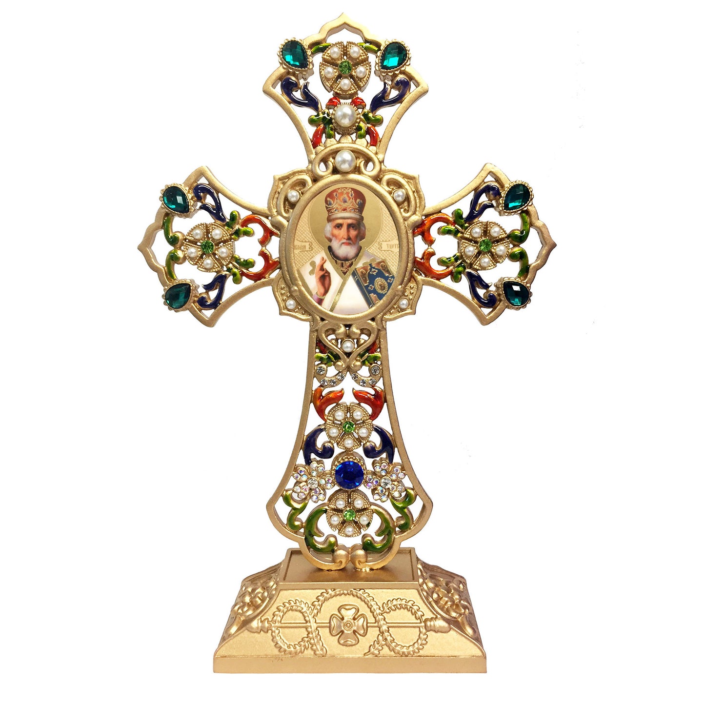 Standing Jeweled Cross With Icon Saint Nicholas 8 5/8 Inch