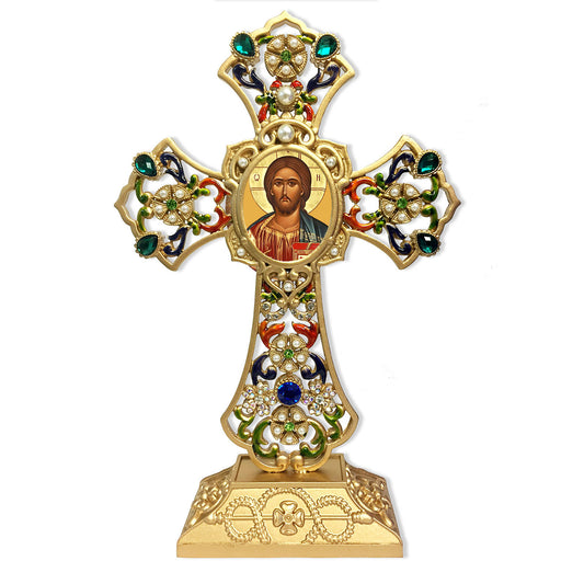 Christ - Filigree Standing Jeweled Icon Cross - Decorated with Faux Pearls 8 5/8 Inch