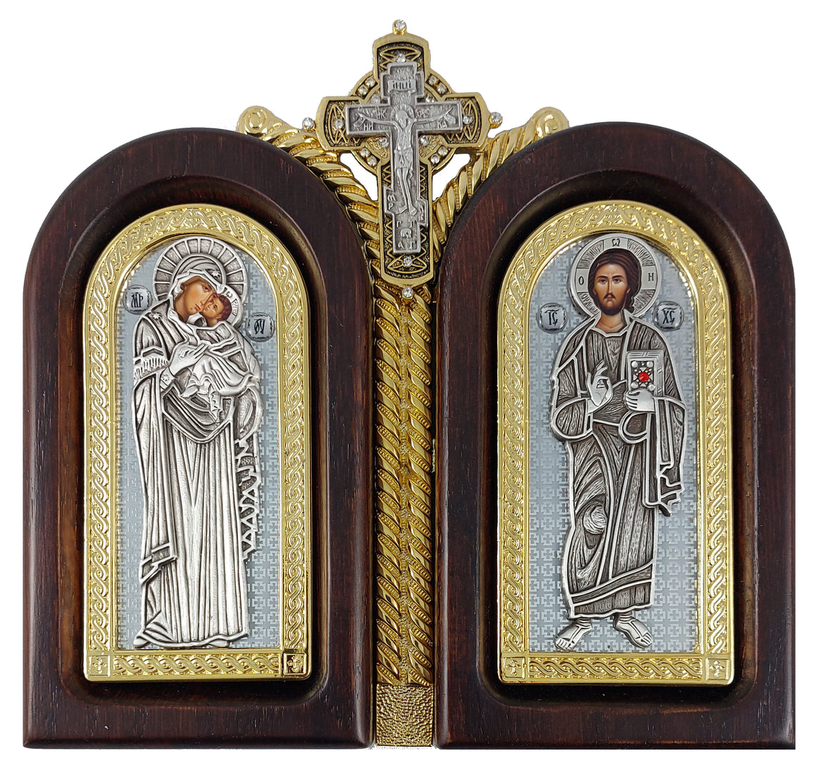 Exclusive High Quality Handmade Diptych of Christ and Virgin Mary with a Holy Cross