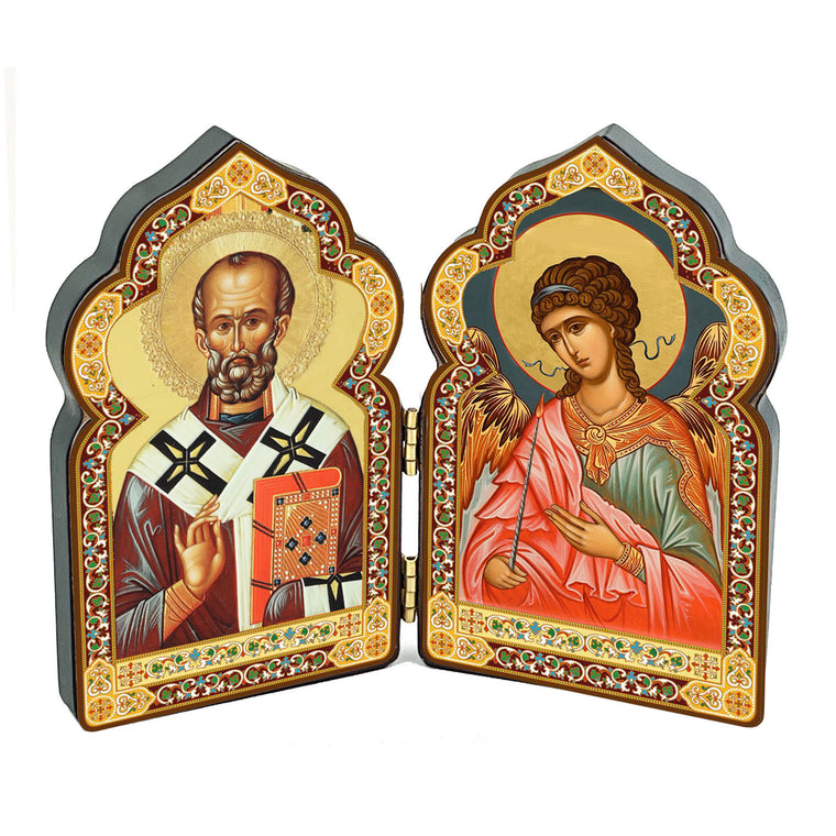 Miniature Church Dome Shape Diptych - Saint Nicholas & Guardian Angel - Wooden 4 Inch, Cross on the Front and Back , For Travel or Home Display