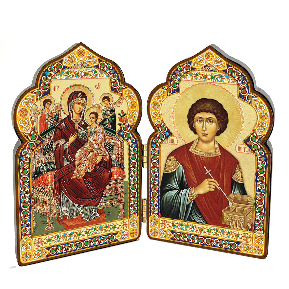Russian Healers St Saint Panteleimon and Virgin Mary Queen of All Refuge of Sick and Cancer Suffers Church Dome Shape Orthodox Icon Diptych Wooden 4 Inch tall