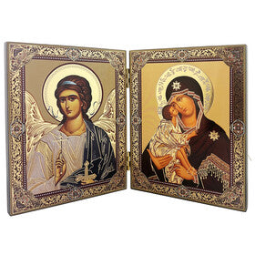 Gold Foil Icon Diptych - Virgin of Don & Guardian Angel, With Gold Foil Cross on the Front & Back 5 1/4 inch tall