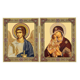 Gold Foil Icon Diptych - Virgin of Don & Guardian Angel, With Gold Foil Cross on the Front & Back 5 1/4 inch tall