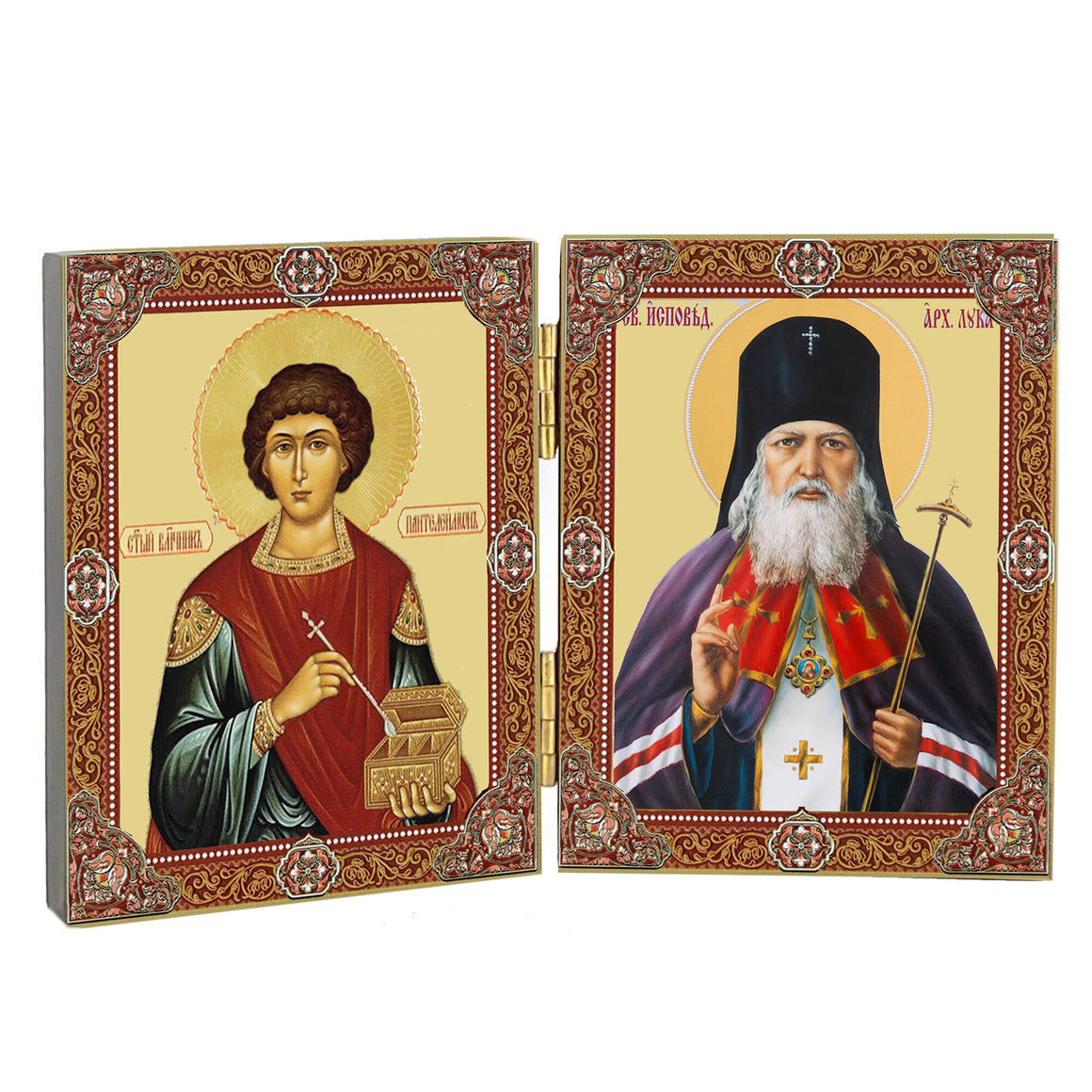 Icon Diptych Healers St Saint Panteleimon and Saint Luke the Surgeon (St Luka) - Orthodox Icon Diptych Wooden - Gold Foil Icons and Gold Foil Crosses on the Front & Back 3 1/4 Inch tall