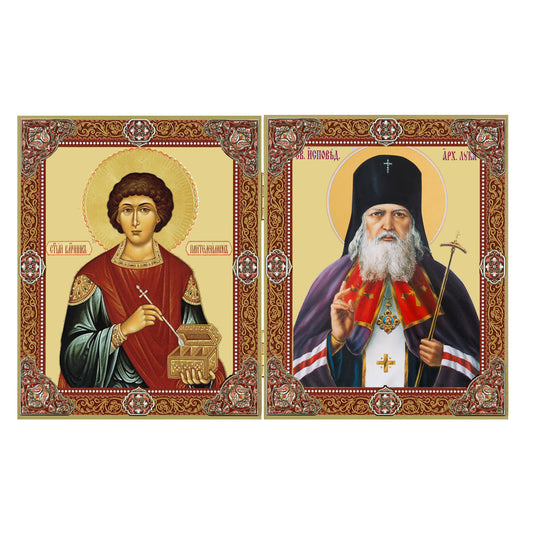 Icon Diptych Healers St Saint Panteleimon and Saint Luke the Surgeon (St Luka) - Orthodox Icon Diptych Wooden - Gold Foil Icons and Gold Foil Crosses on the Front & Back 3 1/4 Inch tall