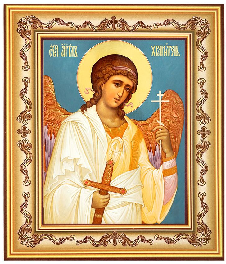 Guardian Angel With Sword, Gold Foil Orthodox Icon in Frame