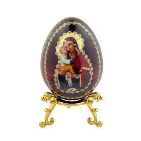 Large Pascha Egg - Theotokos of Pochayiv Virgin Mary & Christ Wooden Russian Icon Egg With Gold Metal Stand 6" - Gold Foil Icon