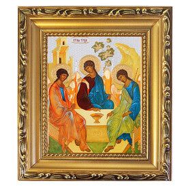 Holy Trinity Icon - In Wooden Gold Frame - Icon is Gold Foil - Comes With Hook for Hanging and Stand For Standing - Lined With Blue Velvet on The Back 6 1/4 Inch x 5 1/2 inch