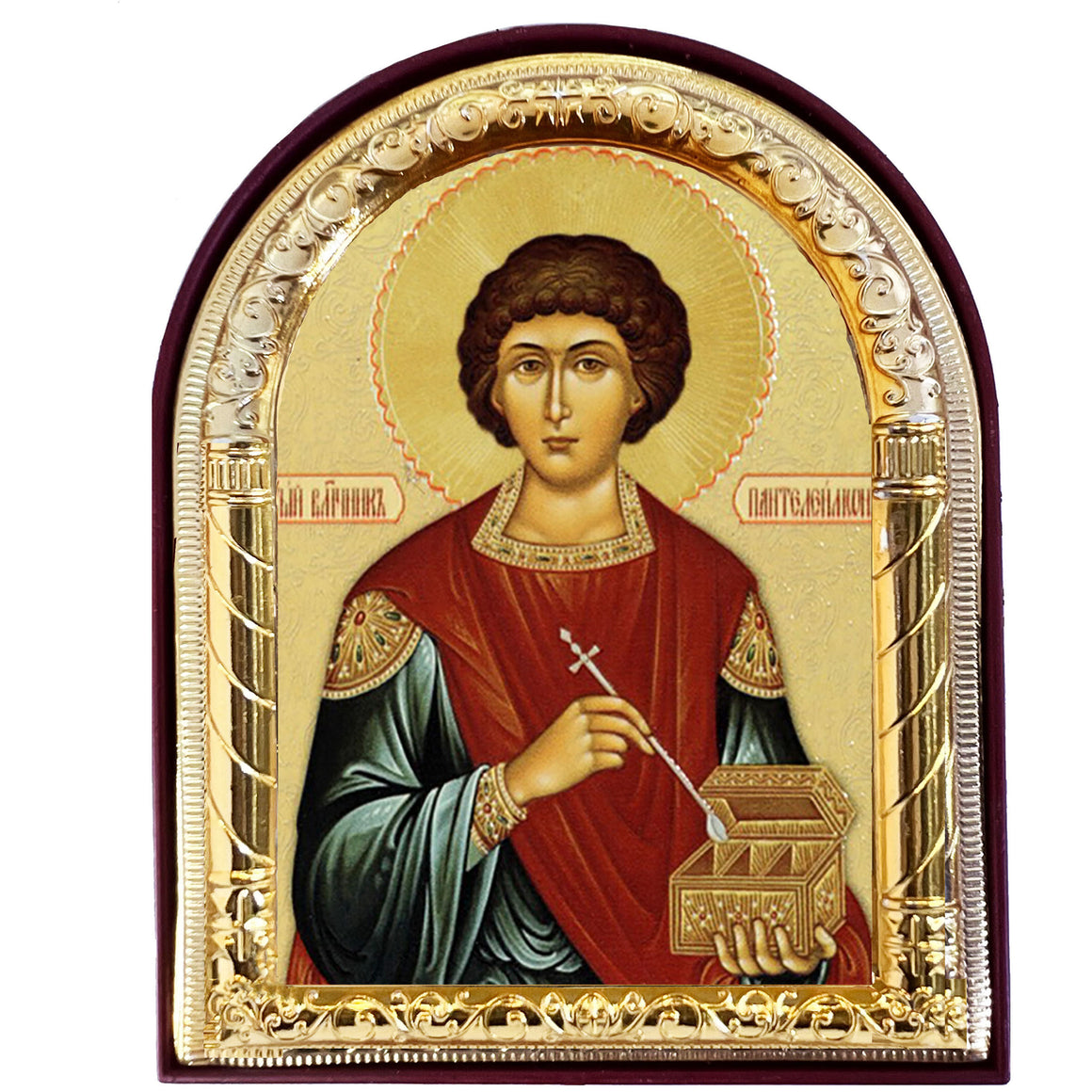 Russian Healer St Saint Panteleimon THE GREAT MARTYR - Gold Foil - Arched Icon With It's Standing and Hole For Hanging 4 1/16 Inch