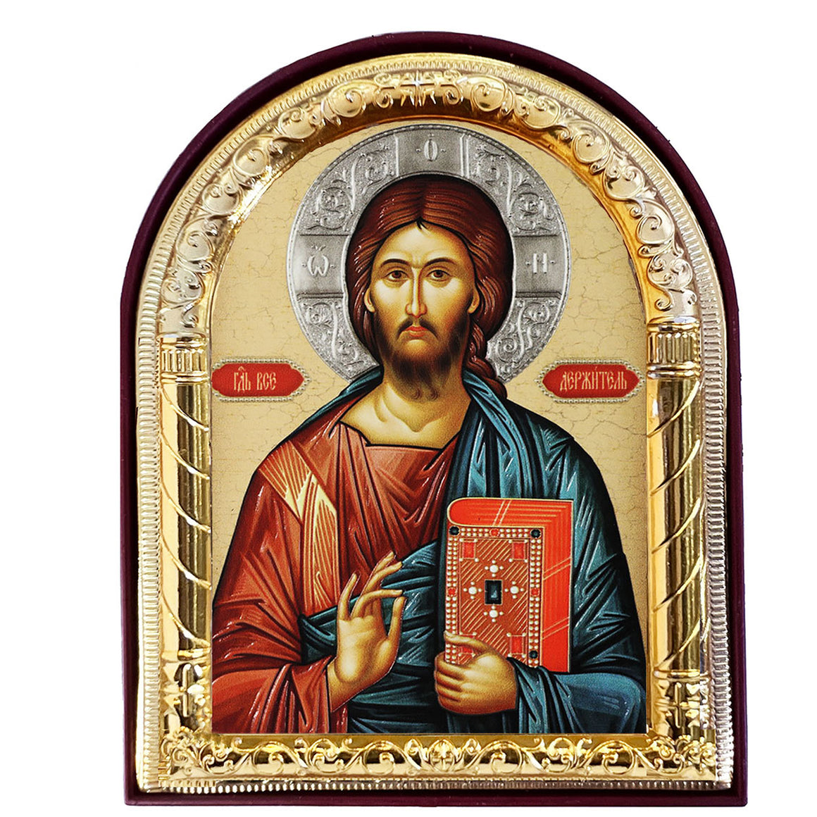 Image of Jesus Christ Byzantine Icon - Gold Foil - Arched Icon With It's Standing and Hole For Hanging 4 1/16 Inch