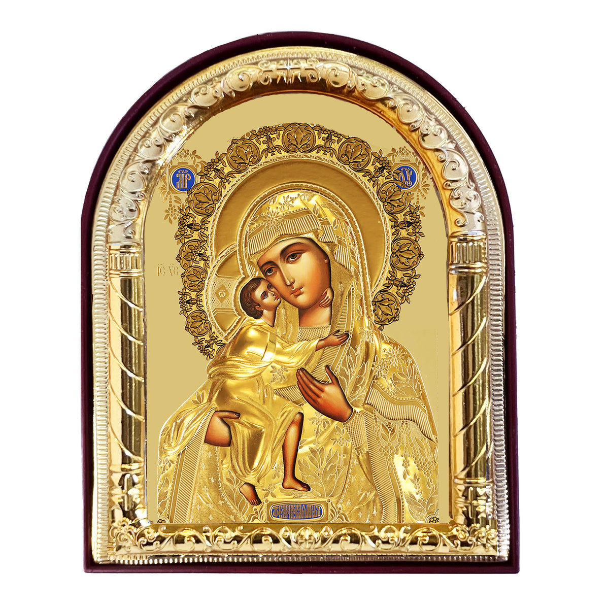 Virgin Mary Feodorovskaya - Gold Foil - Arched Icon With It's Standing and Hole For Hanging 4 1/16 Inch