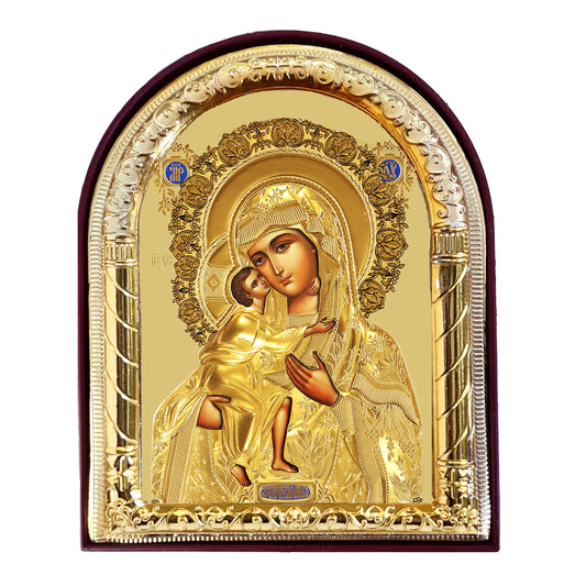 Virgin Mary Feodorovskaya - Gold Foil - Arched Icon With It's Standing and Hole For Hanging 4 1/16 Inch