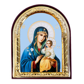 Virgin Mary Eternal Bloom - Gold Foil - Arched Icon With It's Standing and Hole For Hanging 4 1/16 Inch