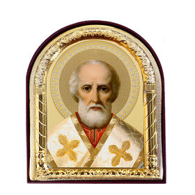 Saint Nicholas Icon - Gold Foil - Arched Icon With It's Standing and Hole For Hanging 4 1/16 Inch