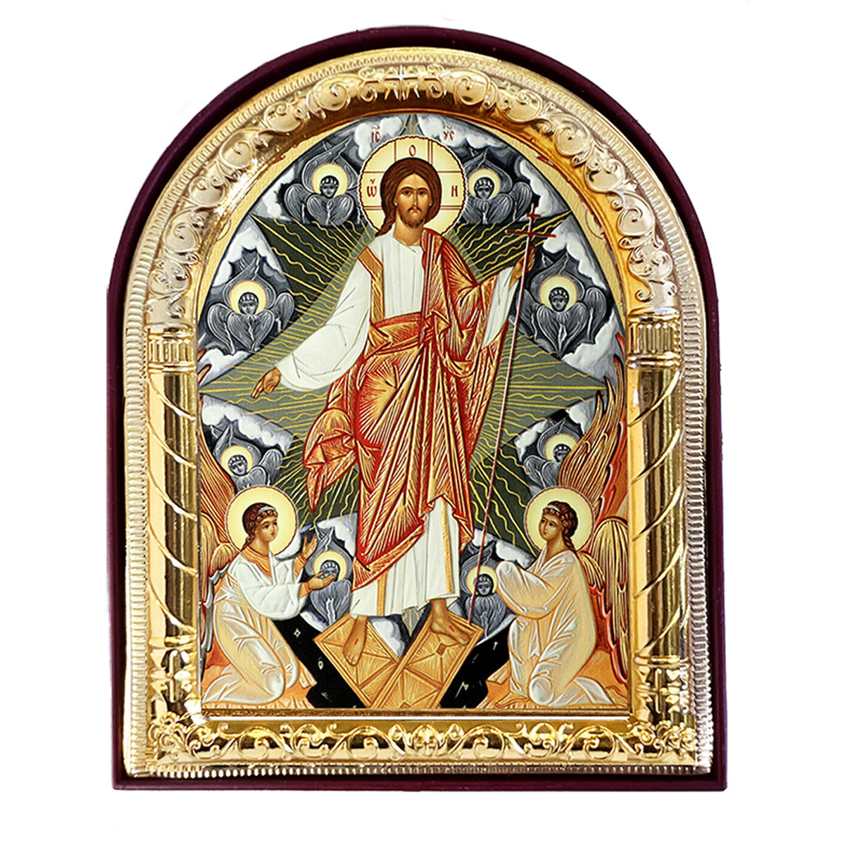 Resurrection of Jesus Christ Icon - Gold Foil - Arched Icon With It's Standing and Hole For Hanging 4 1/16 Inch