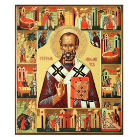 Saint Nicholas Feast Days Gold Foil Wooden Icon 3 inch, Gold foil Cross on the Back Side