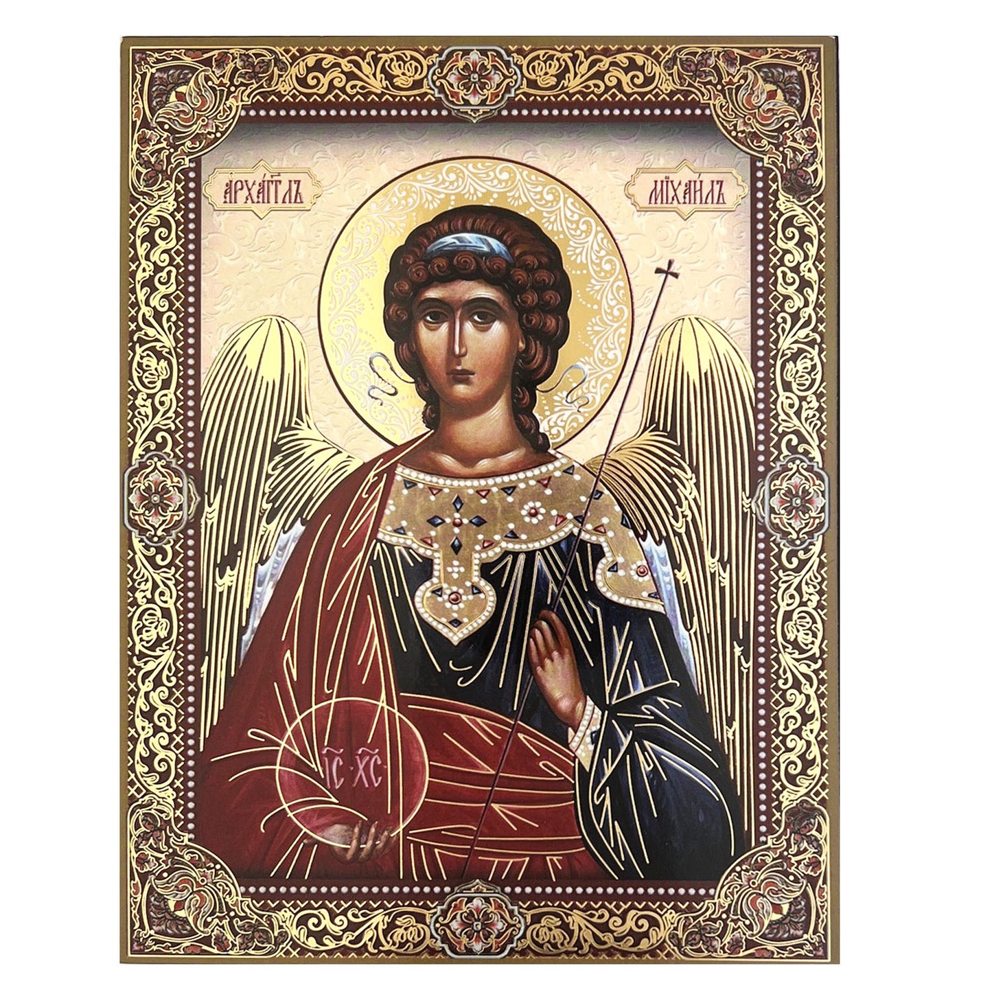 Archangel Michael Wooden Icon Gold Foil 7 1/2 inch, Wall Hanging With Stand