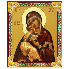 Virgin of Vladimir Orthodox Wooden Icon 4 3/4 inch, With Hook For Hanging on Wall and Stand for Standing