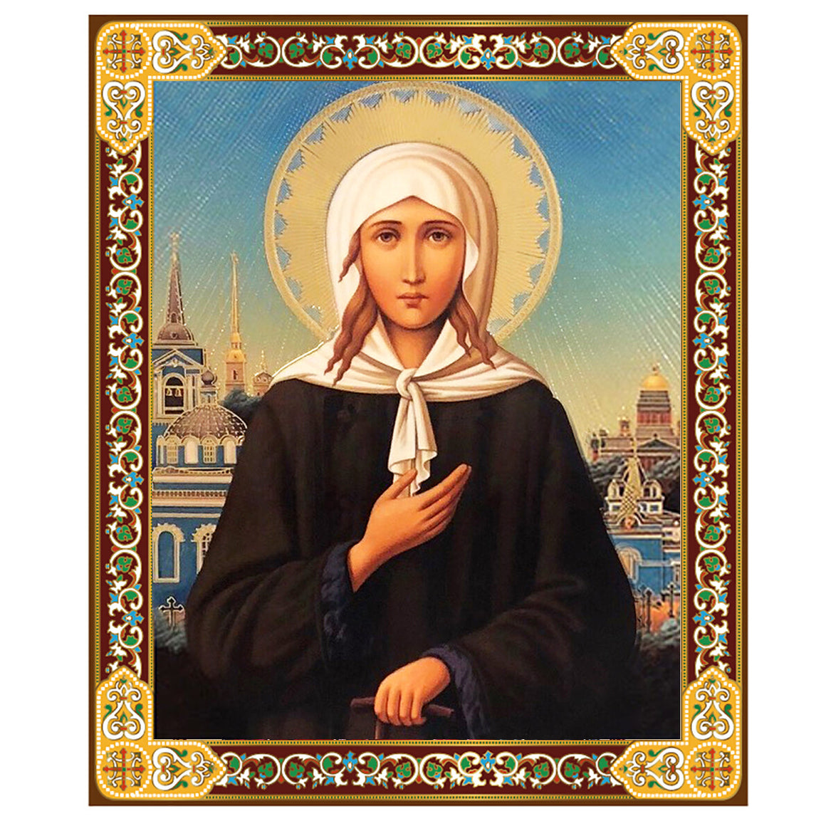 Saint Xenia Orthodox Icon - Gold Foil Wooden Icon 3 inch, Gold foil Cross on the Back Side