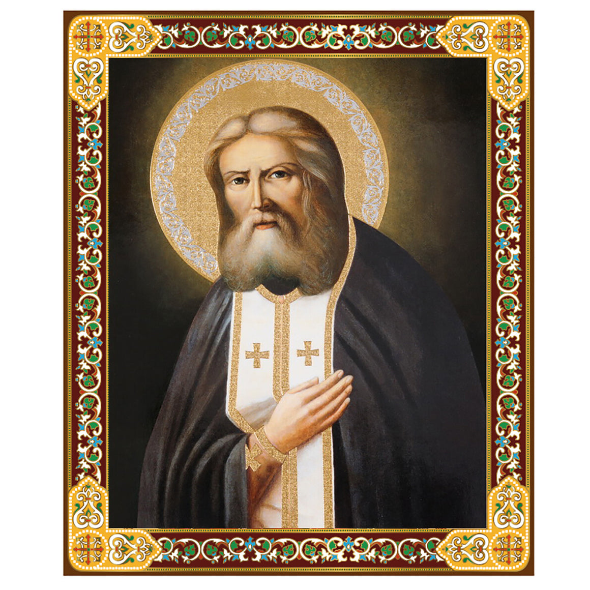 Saint Seraphim Orthodox Icon - Gold Foil Wooden Icon 3 inch, Gold foil Cross on the Back Side