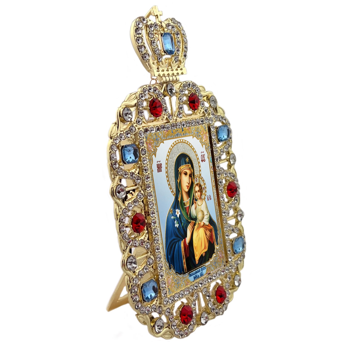 Mother of God - Pascha - Jeweled Framed With Crown and Cross - With its Stand and Small Chain for Hanging - Gift Boxed