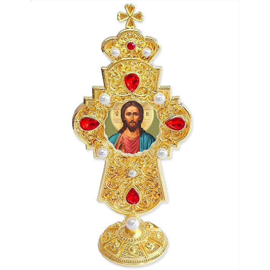 Christ The Teacher Byzantine Icon Jeweled Cross Standing 7 Inch - Decorated With Faux Crystals - Gold Toned Metal