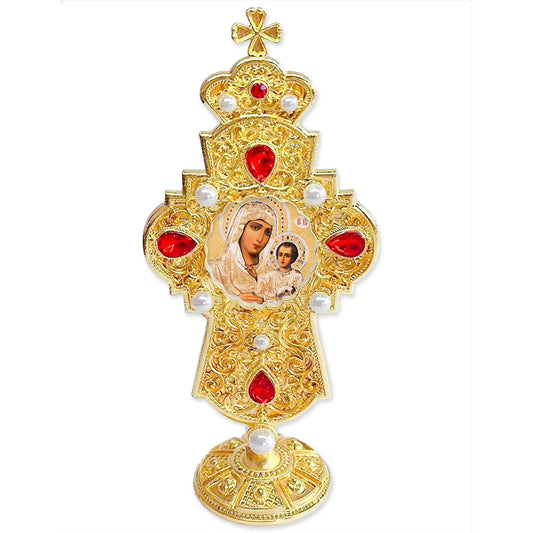 Virgin of Jerusalem, Virgin Mary and Christ Orthodox Icon in Jeweled Metal Cross With Crown Decorated With Faux Crystals and Pearls - Stand