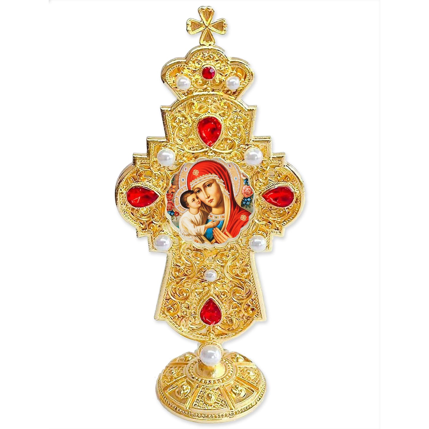 Virgin Mary and Christ Jeweled Cross Standing 7 Inch
