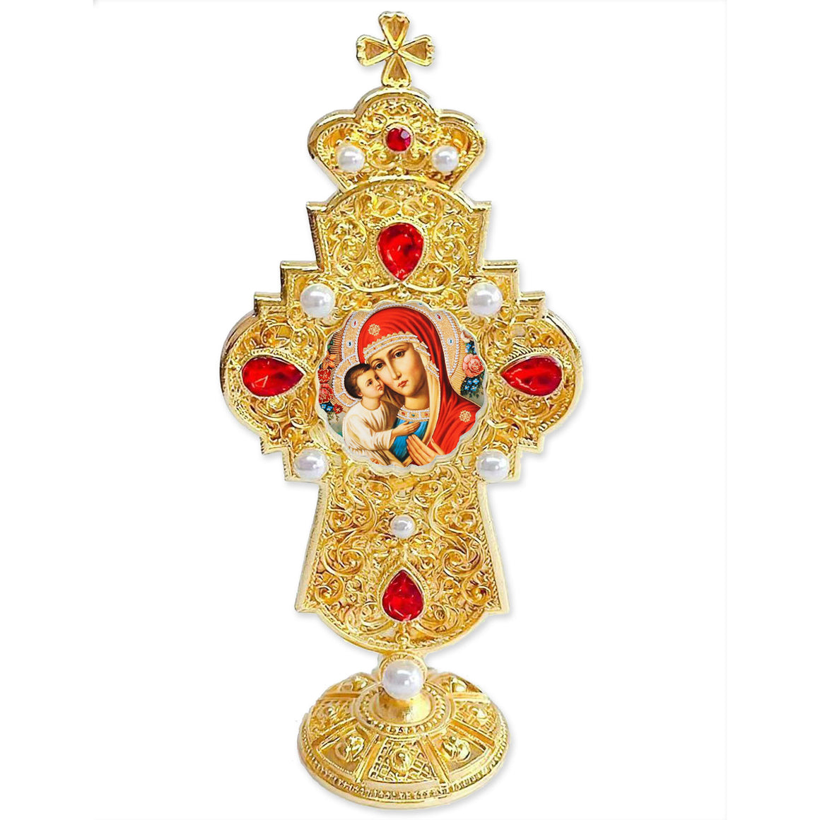 Virgin Mary and Christ Jeweled Cross Standing 7 Inch