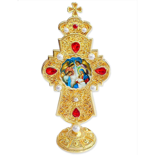 Nativity of Christ Jeweled Cross Standing 7 Inch - Gold Tone Decorated With Faux Crystals