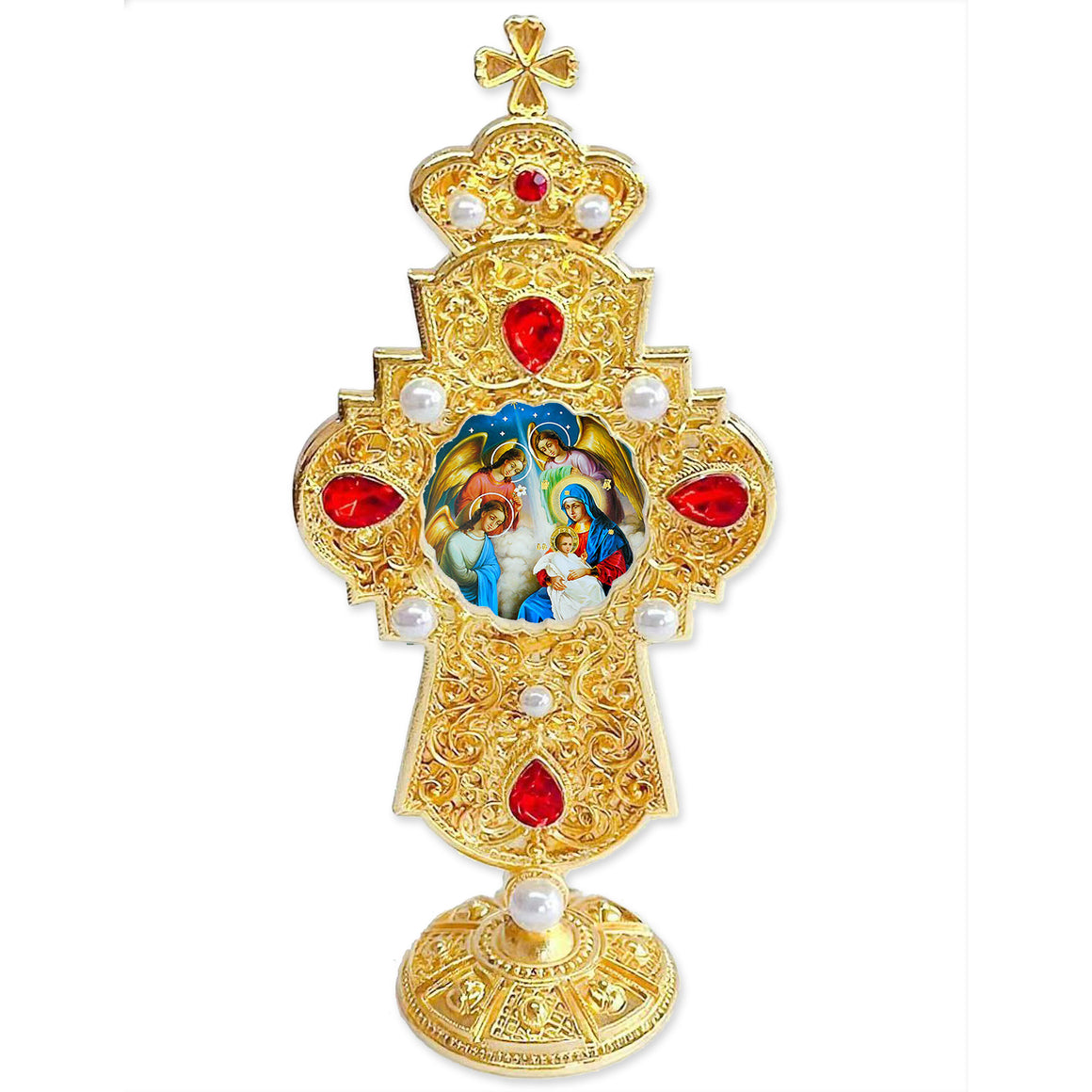 Nativity of Christ Jeweled Cross Standing 7 Inch - Gold Tone Decorated With Faux Crystals