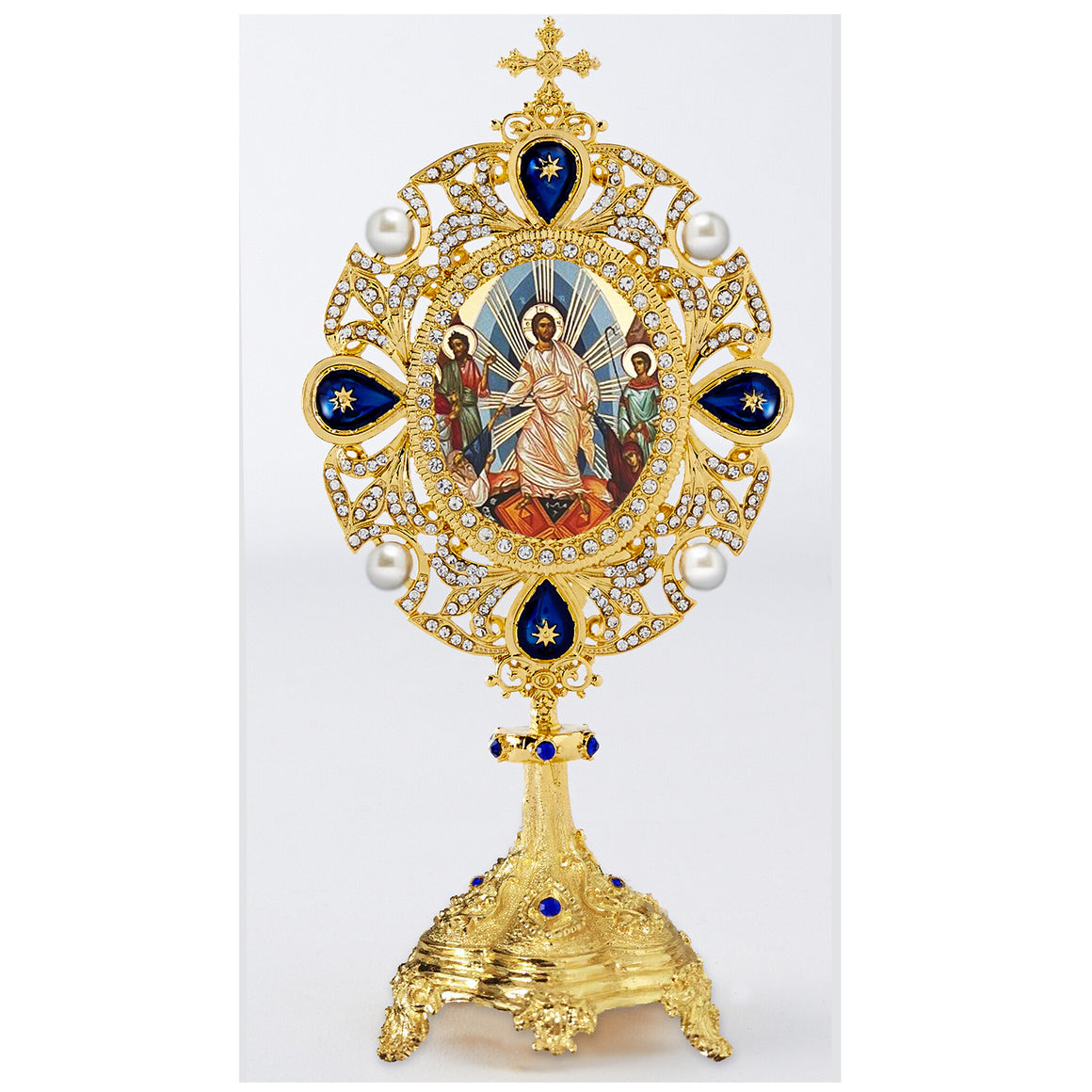 Resurrection of Jesus Christ Icon Image Monstrance Reliquary Shrine with Cross Pearls