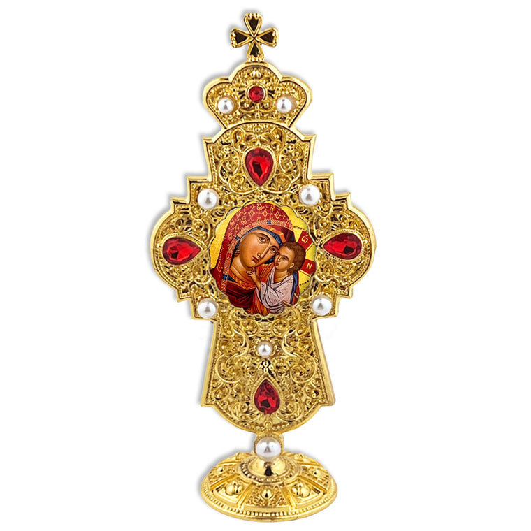 Virgin Mary and Christ Gilded Icon in Jeweled Metal Cross With Crown Decorated With Faux Crystals and Pearls
