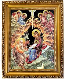 Nativity of Christ, Wooden Frame Gold Foil Icon with Stand