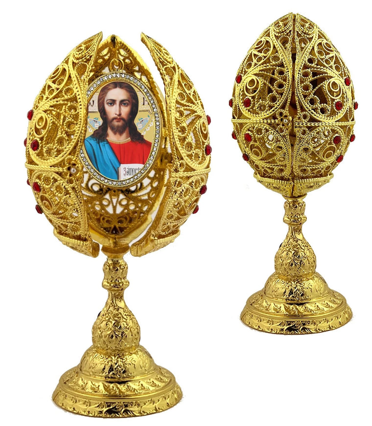 Jesus Christ Icon Filigree Egg Triptych 6"
