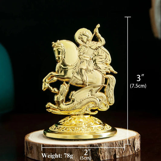 Standing Saint George Horse Slaying Dragon Alabaster Statue Gold Tone