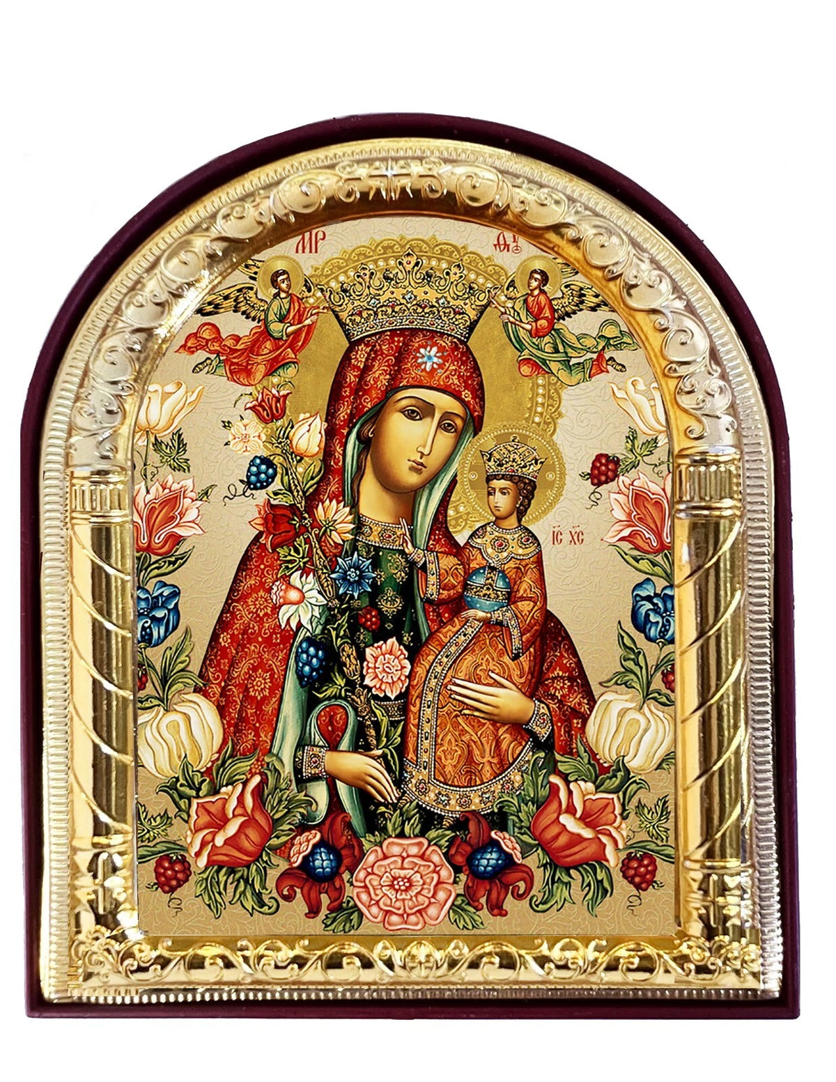 Mother of God Unfading Bloom  - Gold Foil - Arched Icon With It's Standing and Hole For Hanging 4 1/16 Inch
