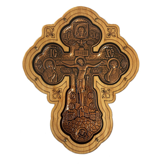 IC XC Nika Wooden Cross Crucifixion of Christ With Virgin Mary and Saint John the Beloved - Inside is Bronze Tone Metal Covered with a Plexiglass 6 1/16 Inch x 5 Inch
