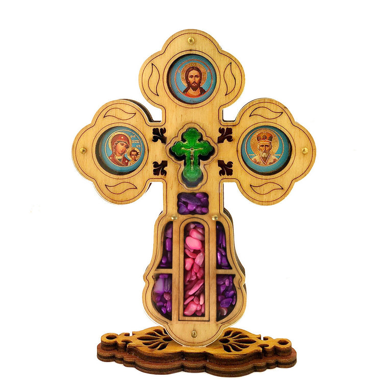 Standing Icon Cross Crucifixion Virgin Of Kazan Christ St Nicholas With Crystal Incense 5 5/8 Inch tall
