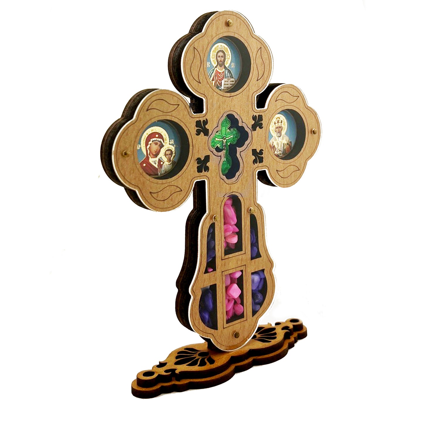 Standing Icon Cross Crucifixion Virgin Of Kazan Christ St Nicholas With Crystal Incense 5 5/8 Inch tall