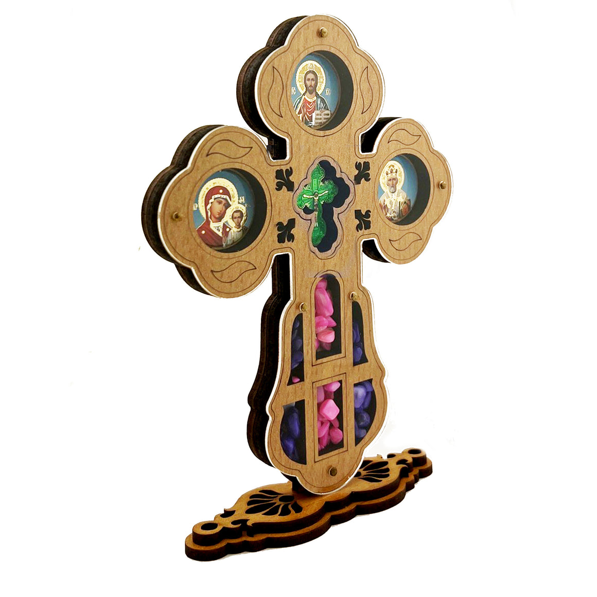 Standing Icon Cross Crucifixion Virgin Of Kazan Christ St Nicholas With Crystal Incense 5 5/8 Inch tall