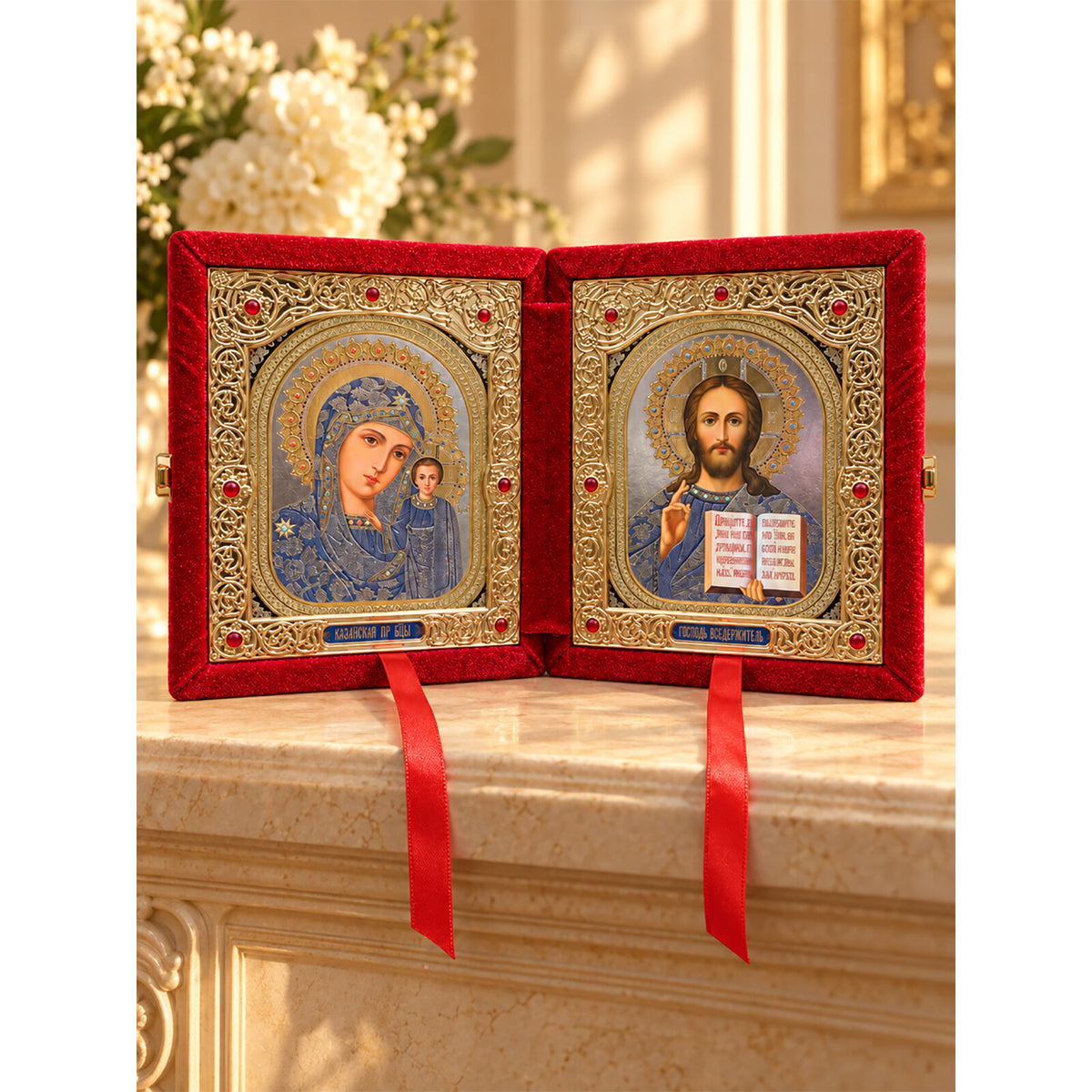 Christ the Teacher and Virgin of Kazan - Display Icon Diptych in Velvet Case - 8 1/4 Inch Tall