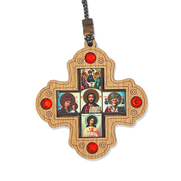 Wood Icon Cross for Car or Room on Rope - Icons - Holy Trinity Virgin of Kazan Christ St Nicholas and Guardian Angel 2 3/4"