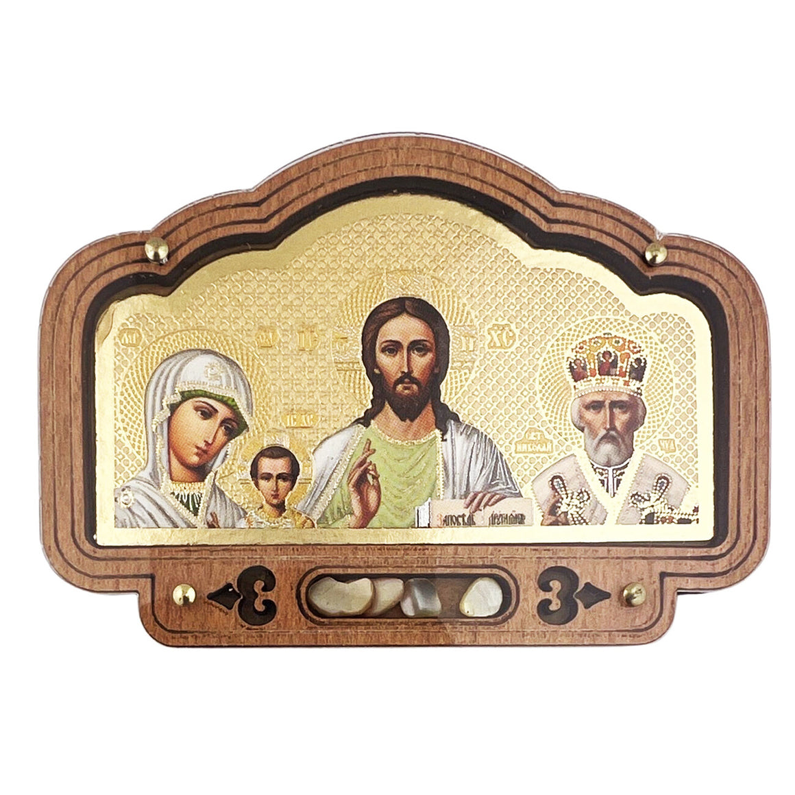 Christ The Teacher - Virgin of Kazan - Saint Nicholas - Incense Crystals Car Wooden Icon - Sticker on The Back - Wooden Covered With Plaxi Glass 3 3/8 inch x 2 1/4 inch